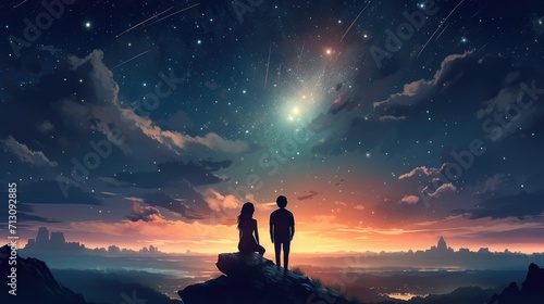 Romantic Anime Couple Stargazing: Watching the Night Sky #713092885