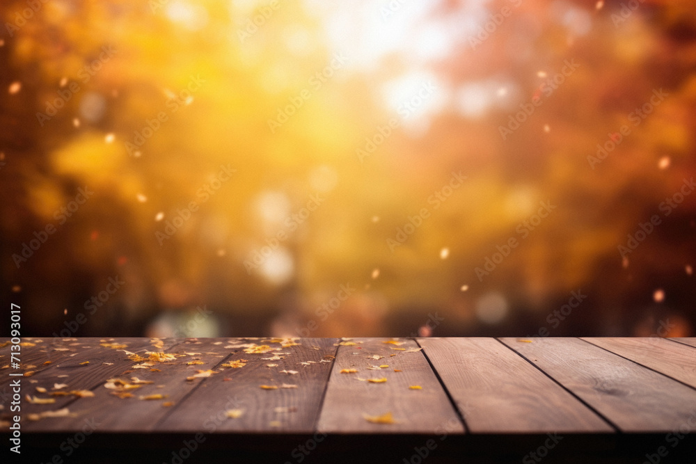 Empty blank wooden table fall background with autumn trees orange yellow color leaves backdrop forest or park nature scene abstract blurred bokeh tabletop for product display desk mockup. Copy space. Empty blank wooden table fall background with autumn trees orange yellow color leaves backdrop forest or park nature scene abstract blurred bokeh tabletop for product display desk mockup. Copy space.