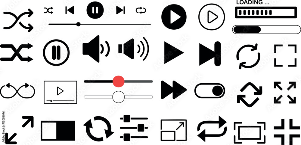 essential media player icons Vector set, black and white, play, pause ...