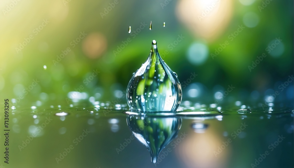 Water dew drop reflection. decoration with soft focus light and bokeh background - obrazy, fototapety, plakaty 