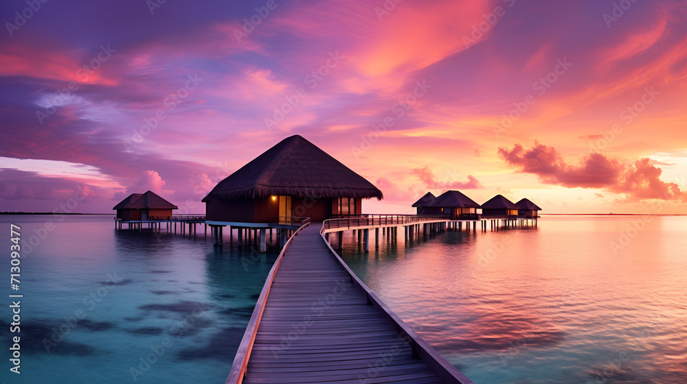sunset in the maldives sea, beach, water, maldives, sunset, ocean, island, sky, tropical, resort, bungalow, house, holiday, hotel, vacation, nature, travel, lagoon Generative AI     