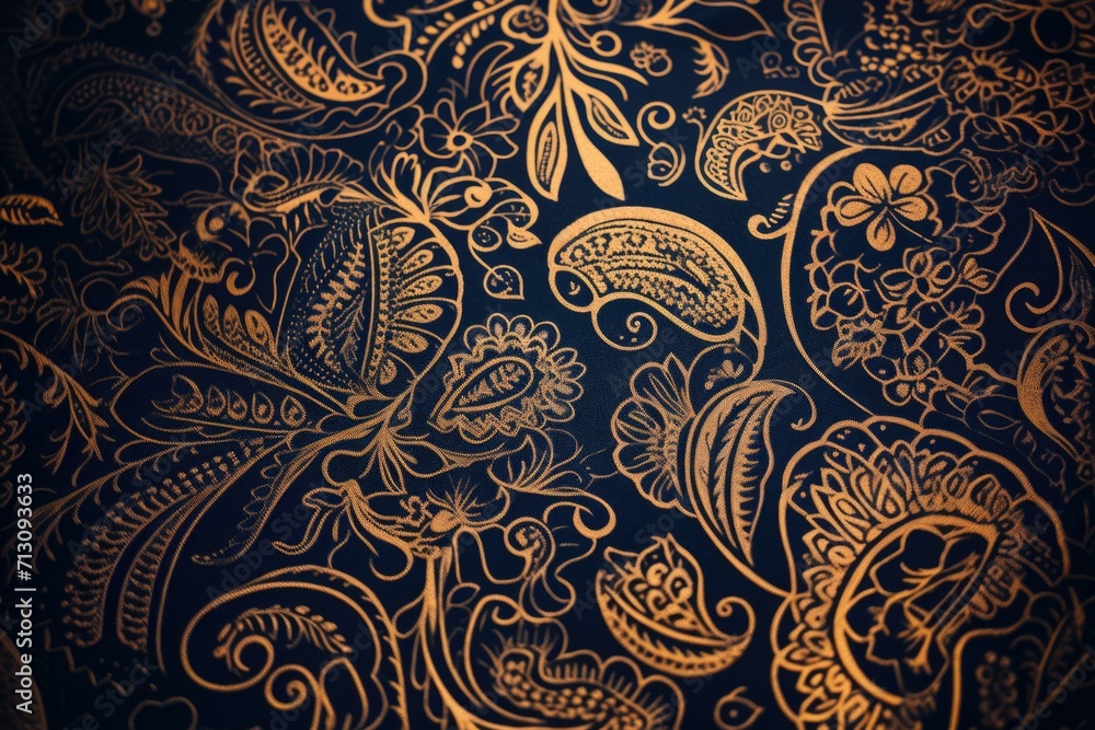 A luxurious paisley pattern in gold and black on a dark backdrop, exuding elegance and opulence. Generative AI. A luxurious paisley pattern in gold and black on a dark backdrop, exuding elegance and opulence. Generative AI.