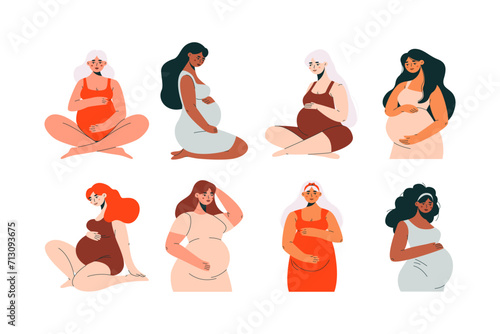 Flat pregnant women set. Cartoon expecting moms with baby belly, diverse women in maternity clothes, motherhood concept. Vector isolated collection