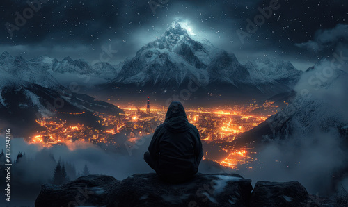 Solitary figure sitting on a mountain overlook against a backdrop of a night sky and snowy peak, overlooking the city lights below