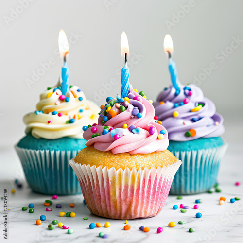Three Cupcakes With Lit Candles - Celebration Desserts for Special Occasions