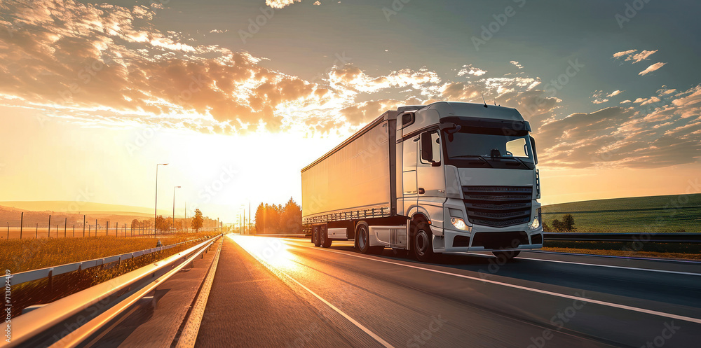 Majestic Commercial Truck on Highway at Sunrise, Symbolizing the Vital Role of Transport in Supply Chain and Logistics