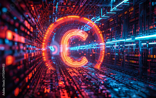 Vibrant digital copyright symbol encircled by neon cyber structures, representing intellectual property protection in the tech-driven business world photo