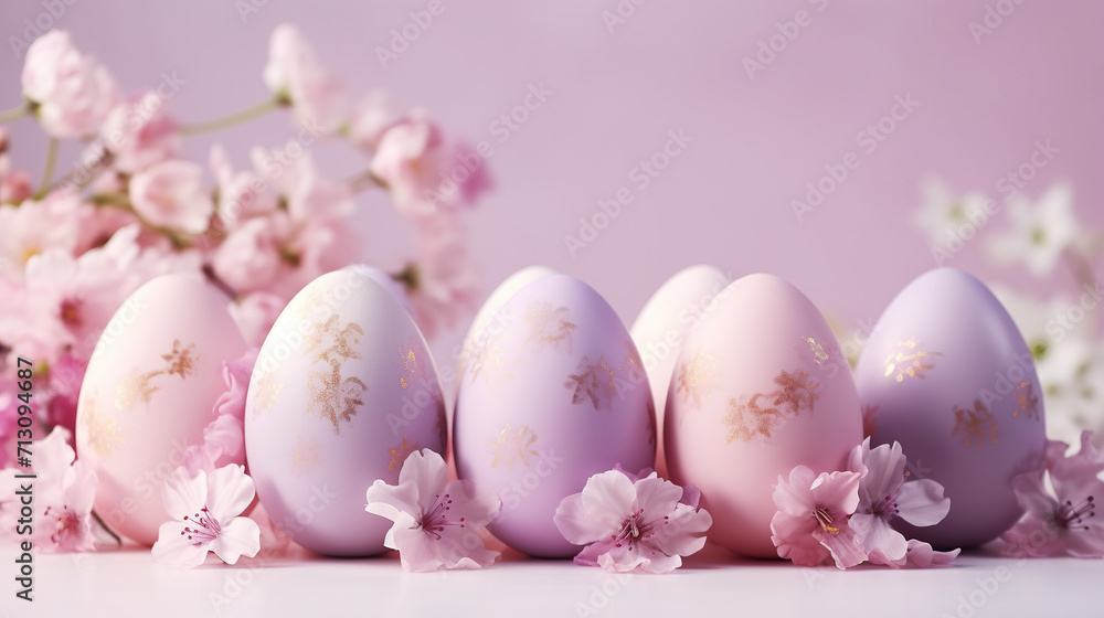 Pink Easter eggs and spring flowers on pink background. Selective focus