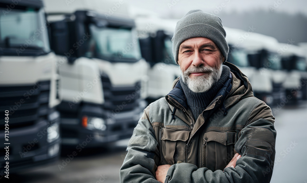 Fototapeta premium Confident Senior Truck Fleet Owner Standing Proudly in Front of His Trucks, Representing Successful Logistic and Transport Business