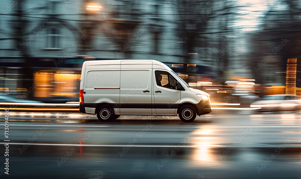 Speeding White Delivery Van in Urban Setting Captures the Fast-Paced Nature of City Logistics and E-commerce Delivery Services Speeding White Delivery Van in Urban Setting Captures the Fast-Paced Nature of City Logistics and E-commerce Delivery Services