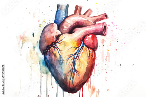 Drawing of a human heart drawn in watercolor photo