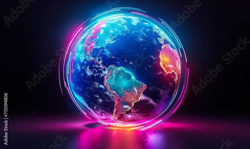 Vibrant and colorful illustration of the Earth with a glowing, neon-like effect, symbolizing global connectivity, digital innovation, and creative representation of technology photo