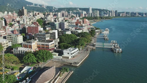 Panoramic aerial establishes Tamsui promenade with sweeping view of skyscrapers in Taiwan photo