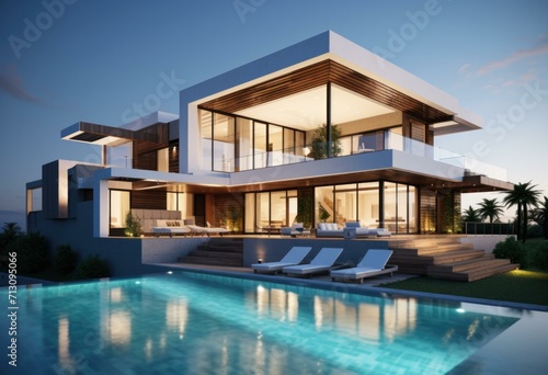 Modern luxury house with swimming pool at dusk. Generative AI. © serg3d