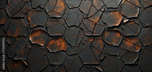 A weathered black and orange cracked wall with a textured surface. Generative AI. photo