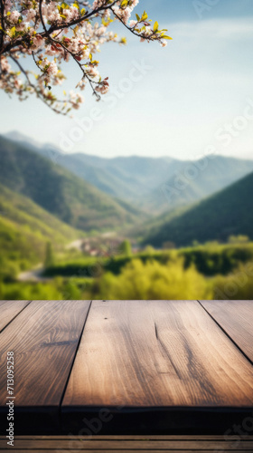 Wooden table spring nature bokeh background, empty wood desk product display mockup with green park sunny blurry abstract garden backdrop landscape ads showcase presentation. Mock up, copy space.