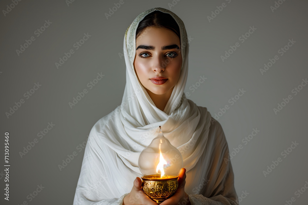 Serene Luminescence: Young Woman in Hijab Holding a Golden Lamp Serene Luminescence: Young Woman in Hijab Holding a Golden Lamp