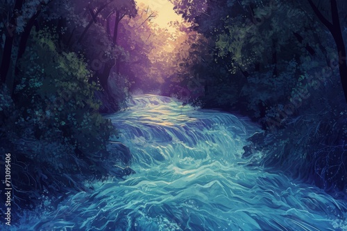 beautiful and serene painting of a forest with a flowing river