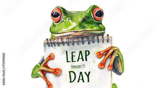 Leap day, one extra day, Leap year 29 February 2024 watercolor illustration. Cute Green Frog with calendar and text Happy Leap Day. photo