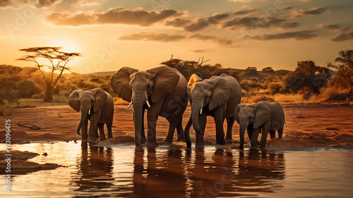 A beautiful golden photograph of a family herd of elephant drinking