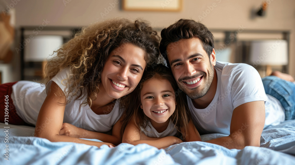 A Man and Woman With Little Girl Relaxing on Bed Together A Man and Woman With Little Girl Relaxing on Bed Together