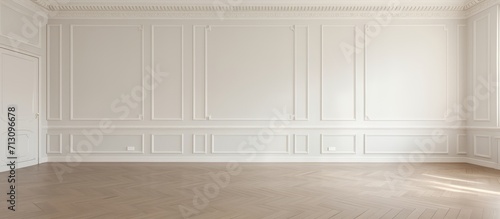 Empty Elegant Room with Classic White Wall Panels and Herringbone Wood Floor, Interior Design photo