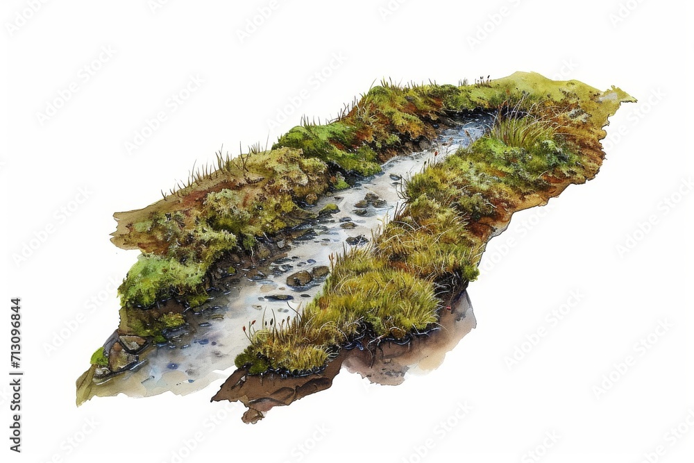 small stream or body of water winding through a grassy and marshy terrain