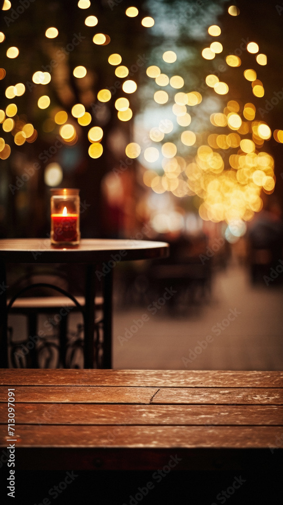 Wooden cafe table bokeh background, empty wood desk restaurant tabletop counter in bar or coffee shop surface product display mockup with blurry city lights backdrop presentation. Mock up, copy space. Wooden cafe table bokeh background, empty wood desk restaurant tabletop counter in bar or coffee shop surface product display mockup with blurry city lights backdrop presentation. Mock up, copy space.