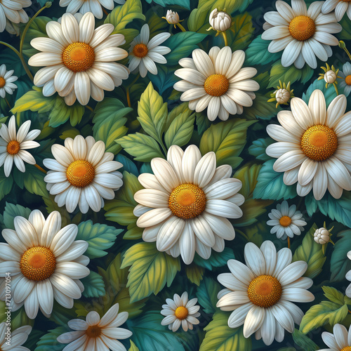 Illustration of daisies in bloom, seamless background pattern encapsulating the essence of spring. © Attila