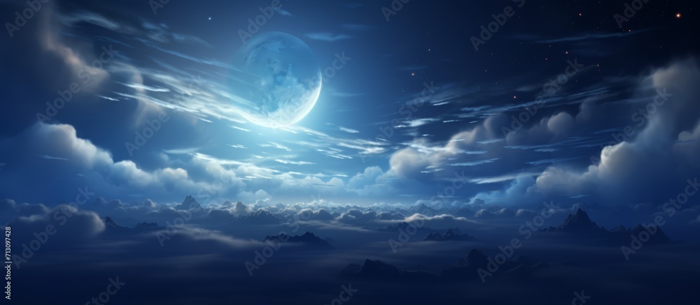 Majestic Full Moon Illuminating Cloud-Filled Night Sky Over a Rugged Mountainous Landscape