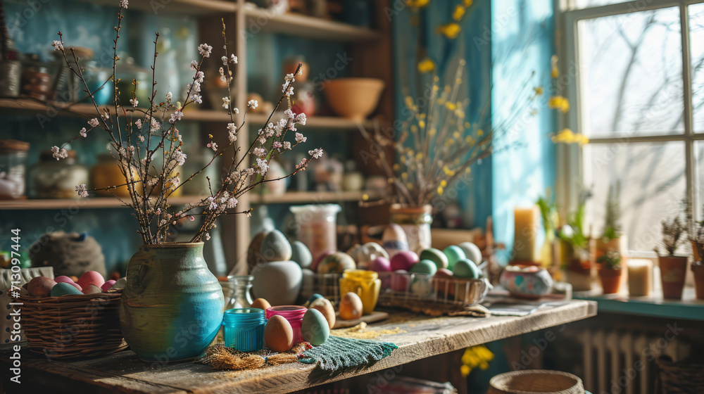 DIY Easter craft scene with materials for making decorations