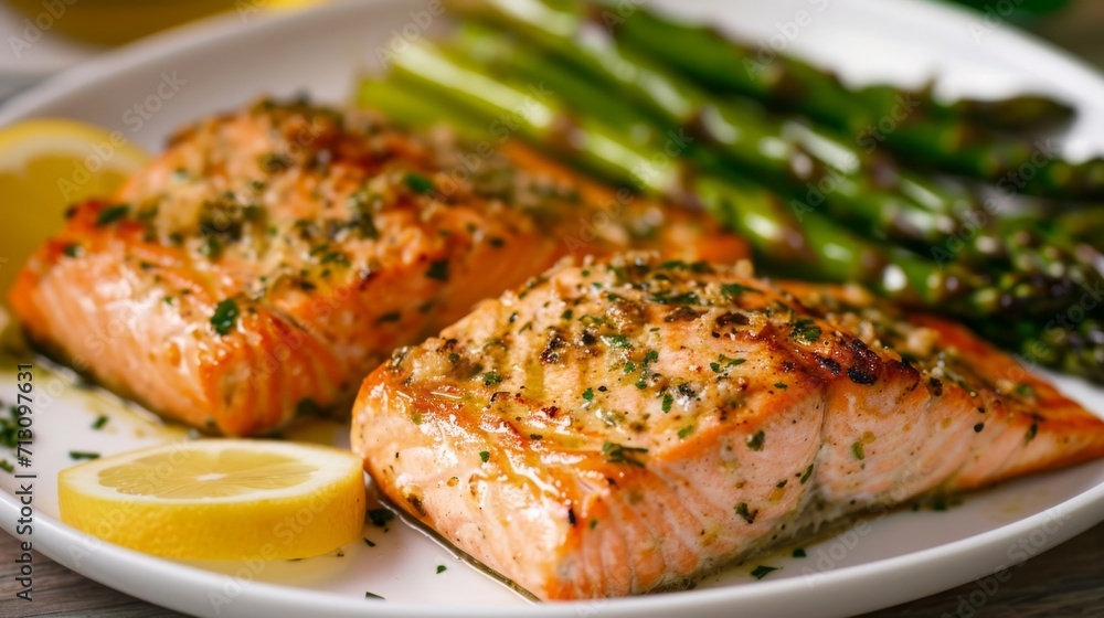 Grilled salmon on a plate with asparagus garnished with parsley on a light background. Healthy food and nutrition