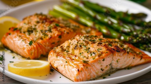Grilled salmon on a plate with asparagus garnished with parsley on a light background. Healthy food and nutrition