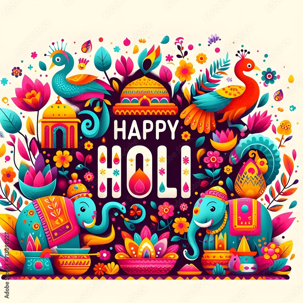 Happy Holi Text, Holi Text, Text art, Holi festival background banner poster template creative flyer for Indian festival of color celebration, Vector illustration of Holi festival background