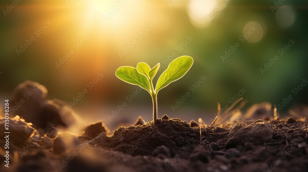 Young plant growing in soil against sunny background Agriculture Plant growth Generative AI - obrazy, fototapety, plakaty 