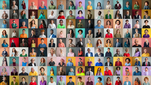 Panorama of many diverse people in front of monochromatic backgrounds photo
