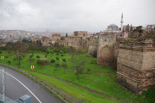 View of the famous Theodosian Walls of Constantinople, modern Istanbul, Turkey