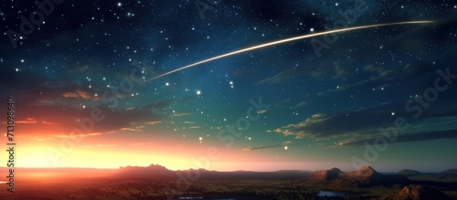 Beautiful Meteor shower in the dark sky at night background, Shiny of shooting star from space, landscape outside of the city, © caucul
