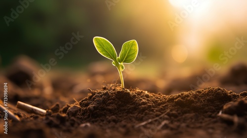 Young plant growing in soil against sunny background Agriculture Plant growth Generative AI