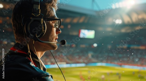 A man wearing a headset in a stadium. Can be used for sports broadcasting or event coverage photo