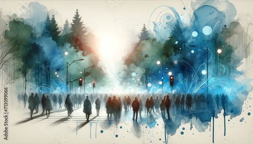An illustration of a group of people walking down a tree lined street