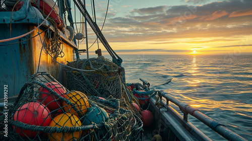 A stunning image capturing a traditional lobster fishing boat at sunrise, with colorful buoys and nets on board, set against the serene backdrop of the open sea, illustrating the b photo