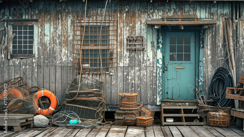 A visually rich scene of a coastal lobster shack, with lobster traps stacked against weathered boards and fishing gear scattered around, providing an authentic glimpse into the rus