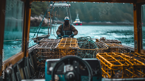 An immersive photograph of a lobster fisherman steering a boat through tranquil waters, with lobster traps neatly arranged on the deck, creating a visually serene and nautical scen