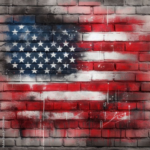 Gritty Urban Vibes: Graffiti of the American Flag on Distressed Brick Wall