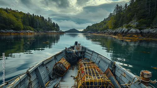 An immersive photograph of a lobster fisherman steering a boat through tranquil waters, with lobster traps neatly arranged on the deck, creating a visually serene and nautical scen photo