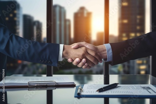 Real estate agents businessmen shake hands after the signing of the contract agreement is complete