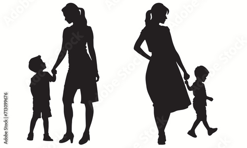Mom and Son silhouettes and icons. Black flat color simple elegant white background Mom vector and illustration.