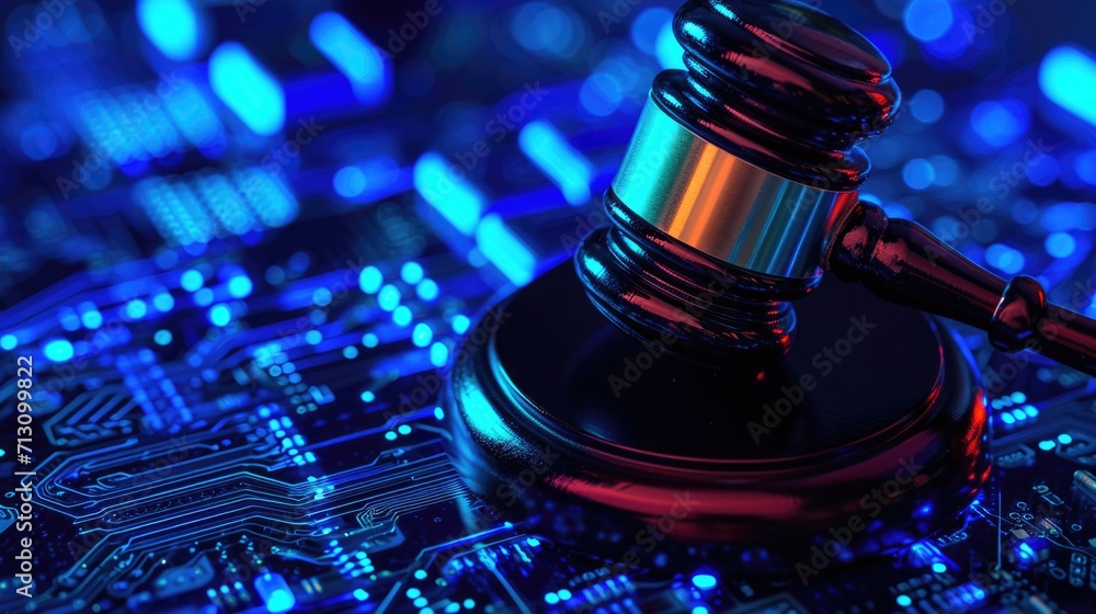 Judge's gavel placed on top of a circuit board. This image can be used to represent the intersection of law and technology Judge's gavel placed on top of a circuit board. This image can be used to represent the intersection of law and technology