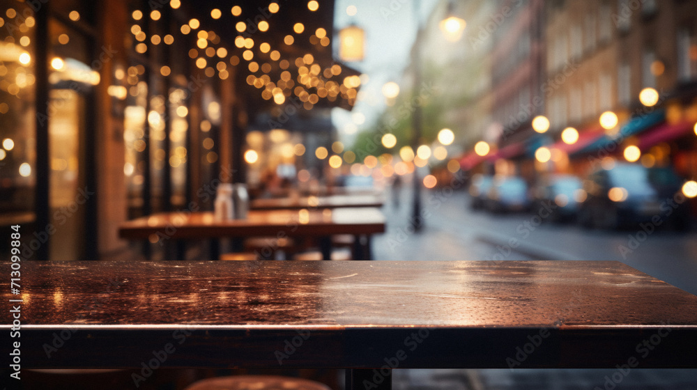 Wooden cafe table bokeh background, empty wood desk restaurant tabletop counter in bar or coffee shop surface product display mockup with blurry city lights backdrop presentation. Mock up, copy space.